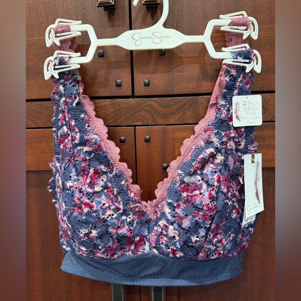 Jessica Simpson NWT Sz S 2Pk Multicolor Floral & Purple Lace Bralettes (I051) - Picture 1 of 7
